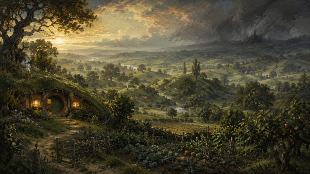 Peaceful hobbit village at dawn