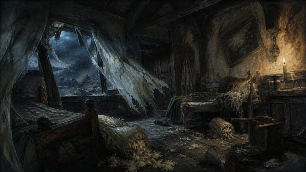 Ransacked chamber in stormy night