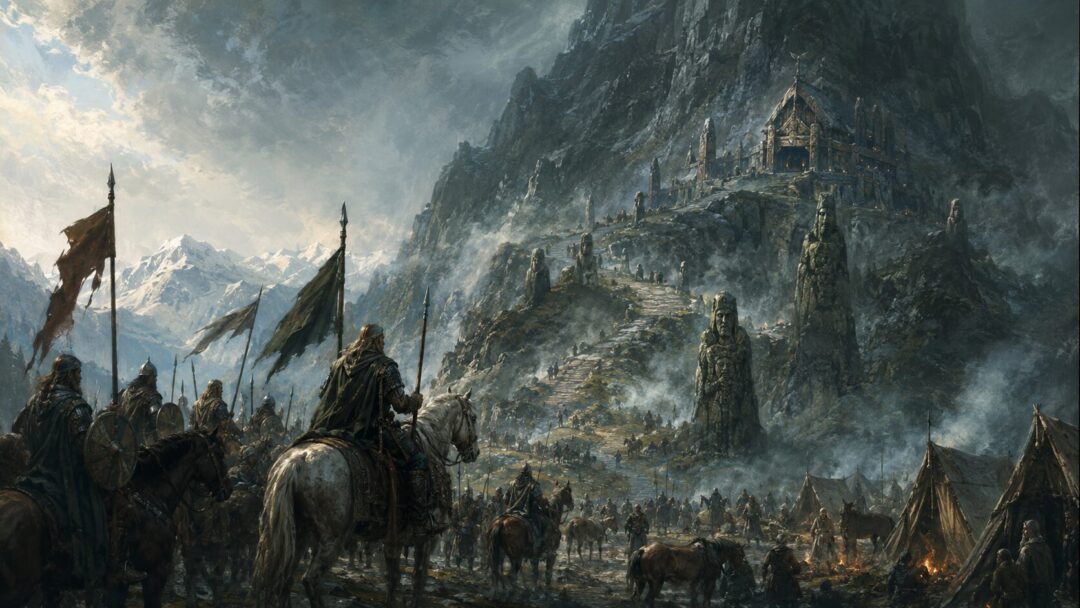 Riders approaching the mountain stronghold