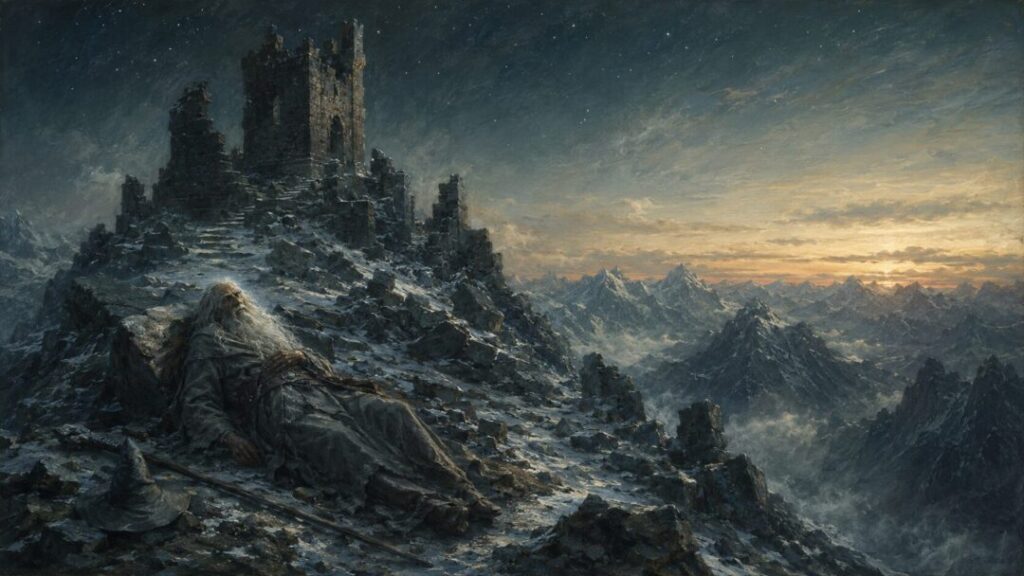 Ruins at dawn with a weary wizard