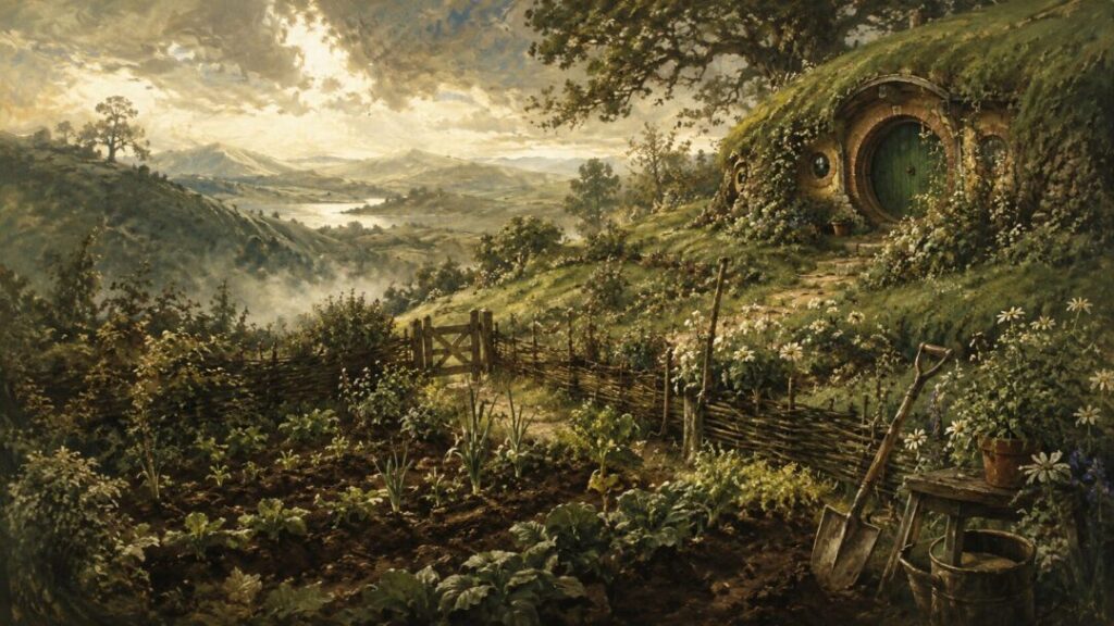 Rustic garden by a hobbit home