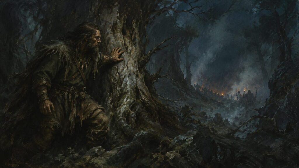 Silent woodsman in a misty forest
