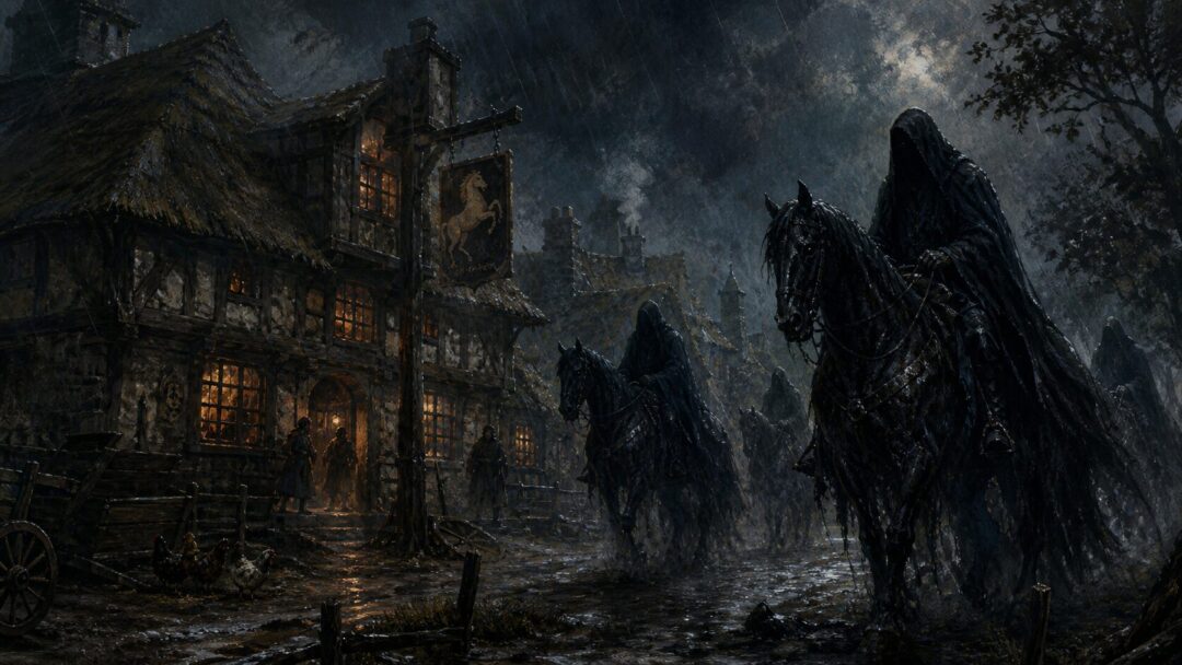 Sinister riders in a rain-soaked village