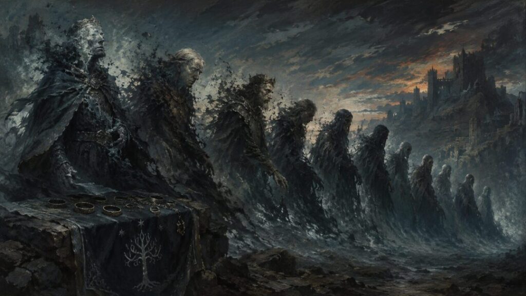 Spectral procession in a ruined realm