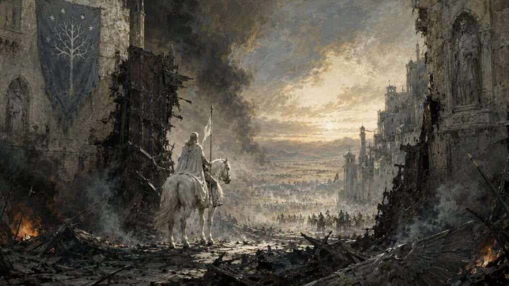 The broken gate at dawn