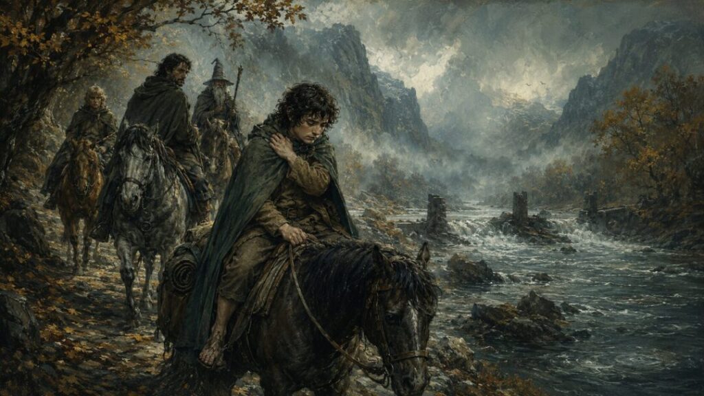 Travelers through a misty river valley