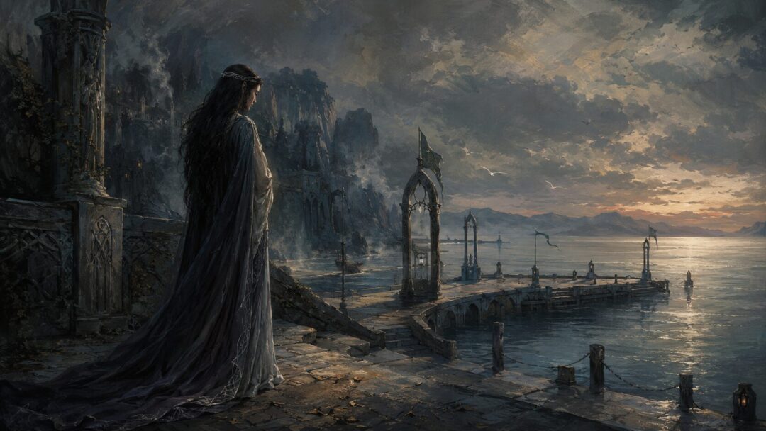 Twilight harbor with a solemn figure