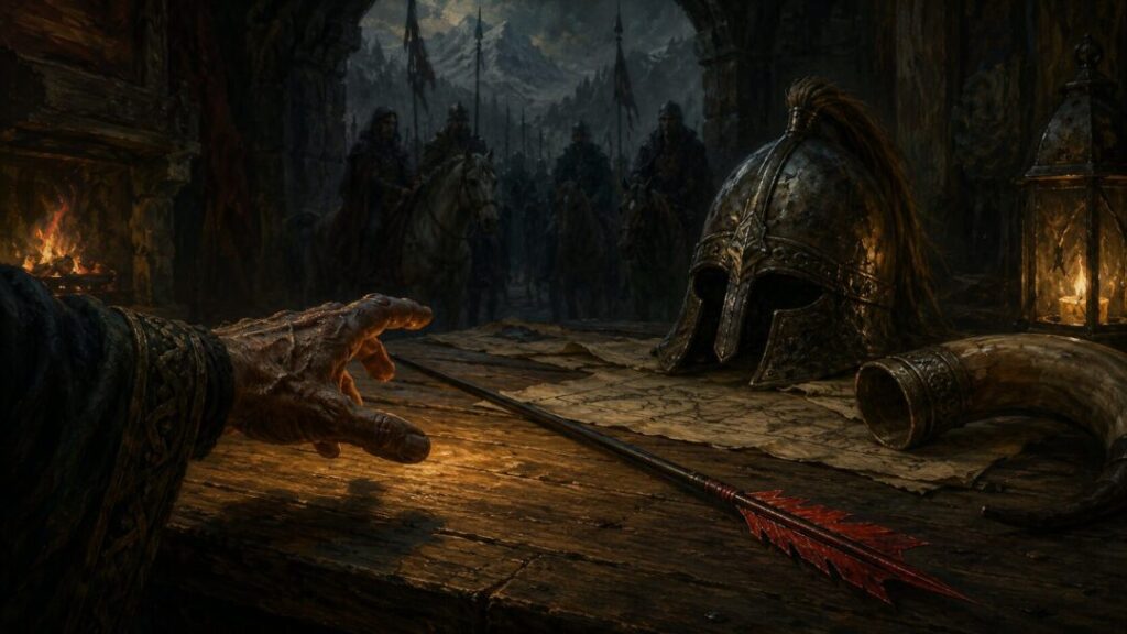War council in a shadowed hall