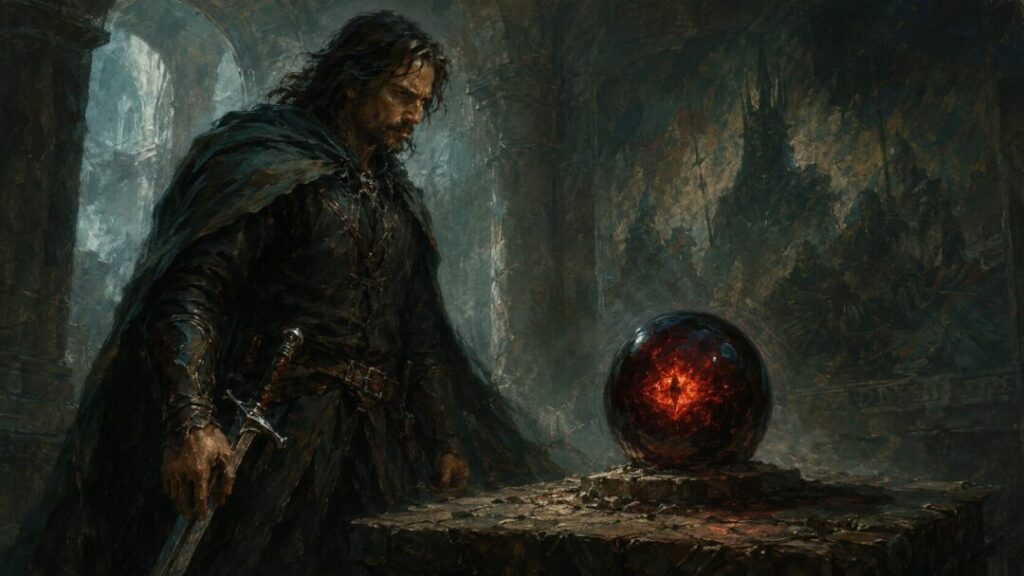 Warrior confronting the dark orb