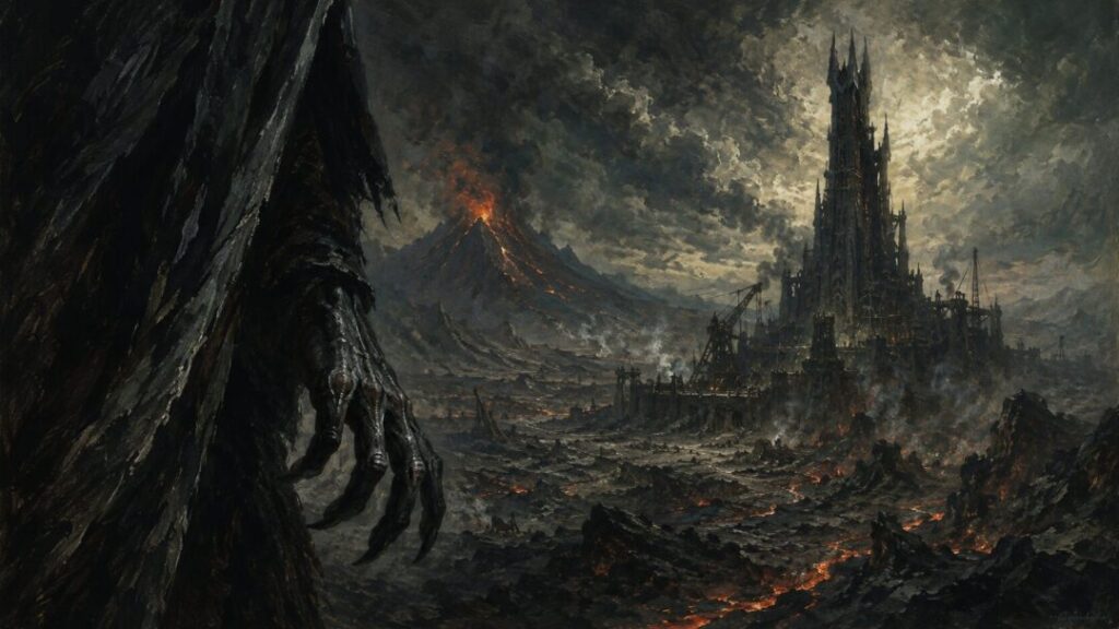 Watchful figure in a volcanic wasteland