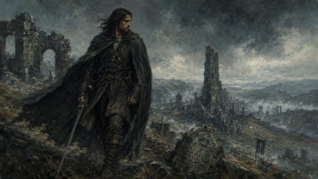 Windswept ruins under stormy skies