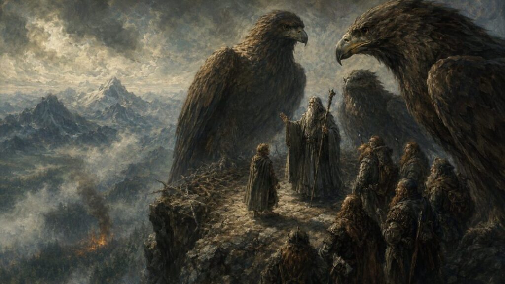 Wizard and companions meet giant eagles