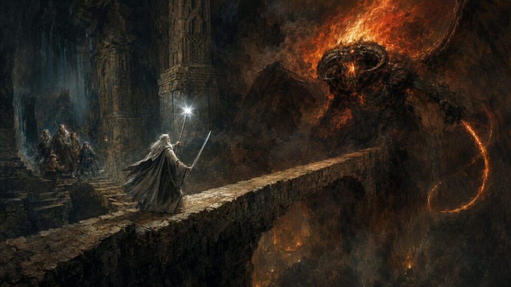 Wizard confronts fiery demon on bridge