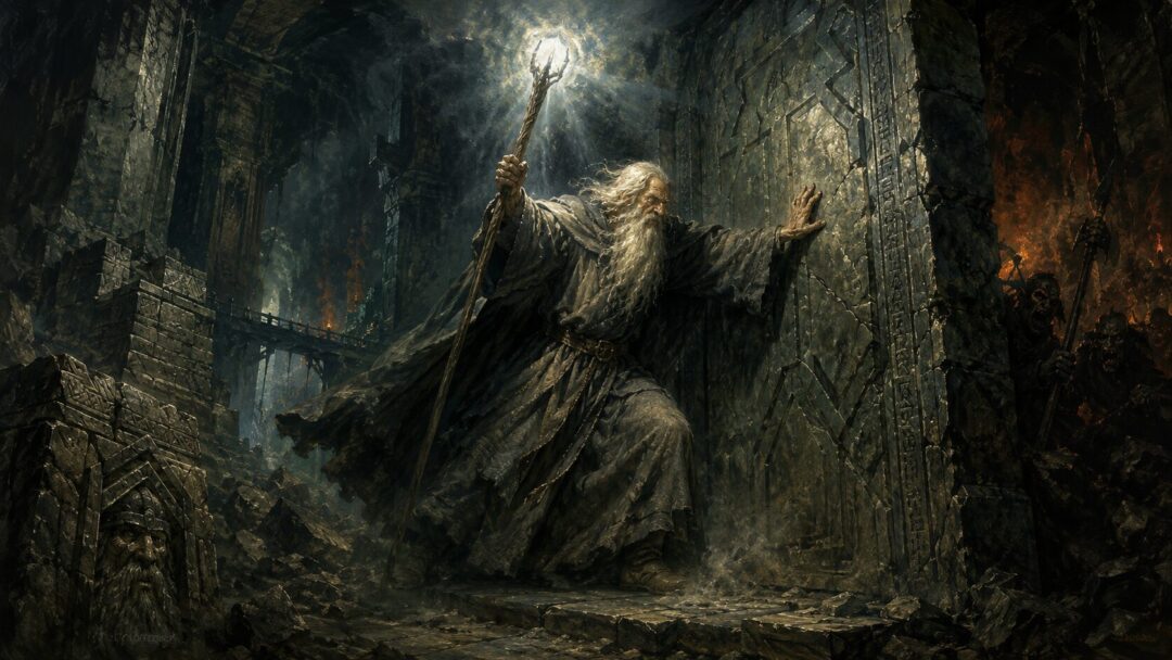 Wizard defending ancient gate from darkness