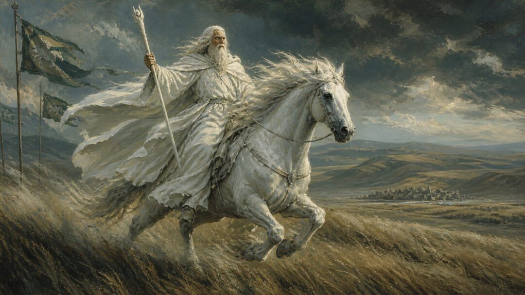 Wizard on a horse in a stormy landscape