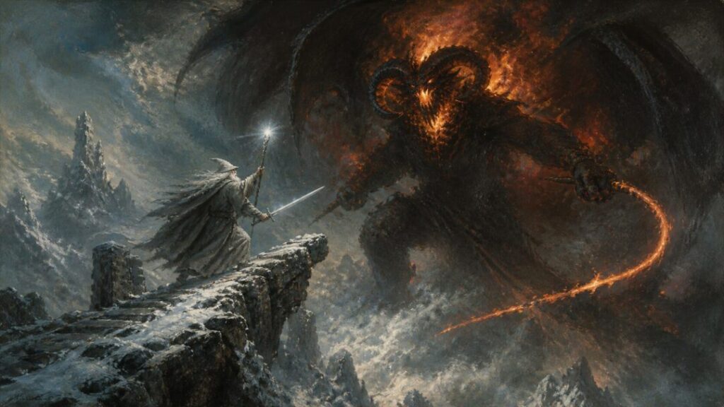 Wizard versus demon on a stormy peak