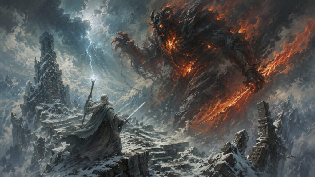 Wizard vs. demon in a fiery storm