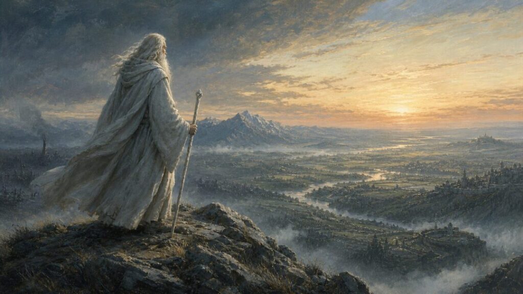 Wizard's dawn over a vast landscape