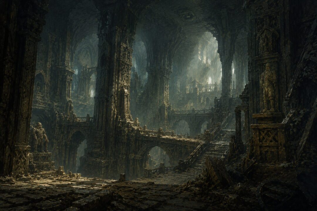 Silent and deserted halls of ancient Khazad-dum showing the lost grandeur of the Dwarves