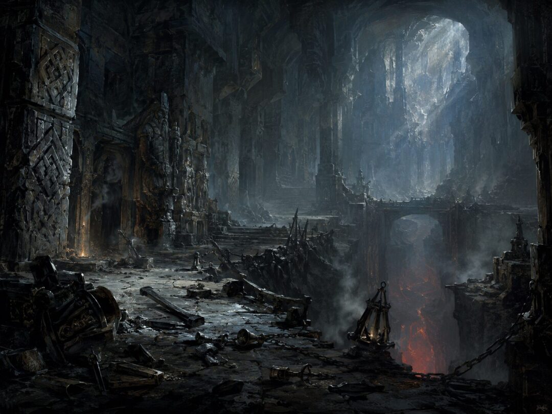 A once-great hall of Khazad-dûm lies abandoned in darkness with a distant red glow below a chasm.