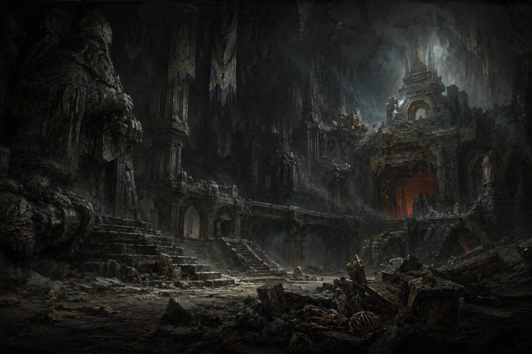 The abandoned halls of Moria showing the ruin left after Durin’s Bane