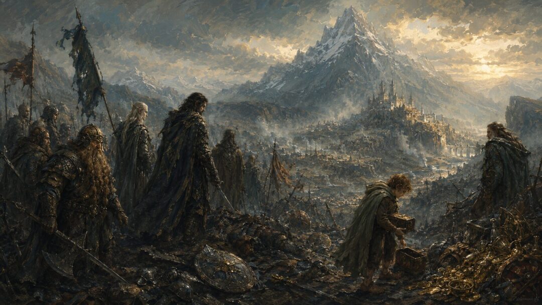 After the Battle of Five Armies, Bilbo stands apart with two small chests as the victors mourn.