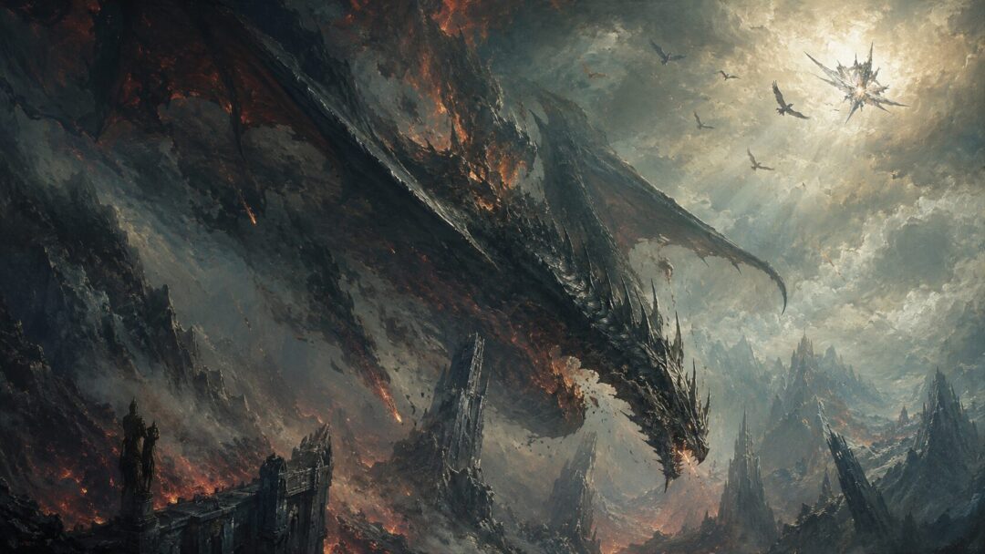 Ancalagon the Black falls from the sky toward the broken towers of Thangorodrim during the War of Wrath.