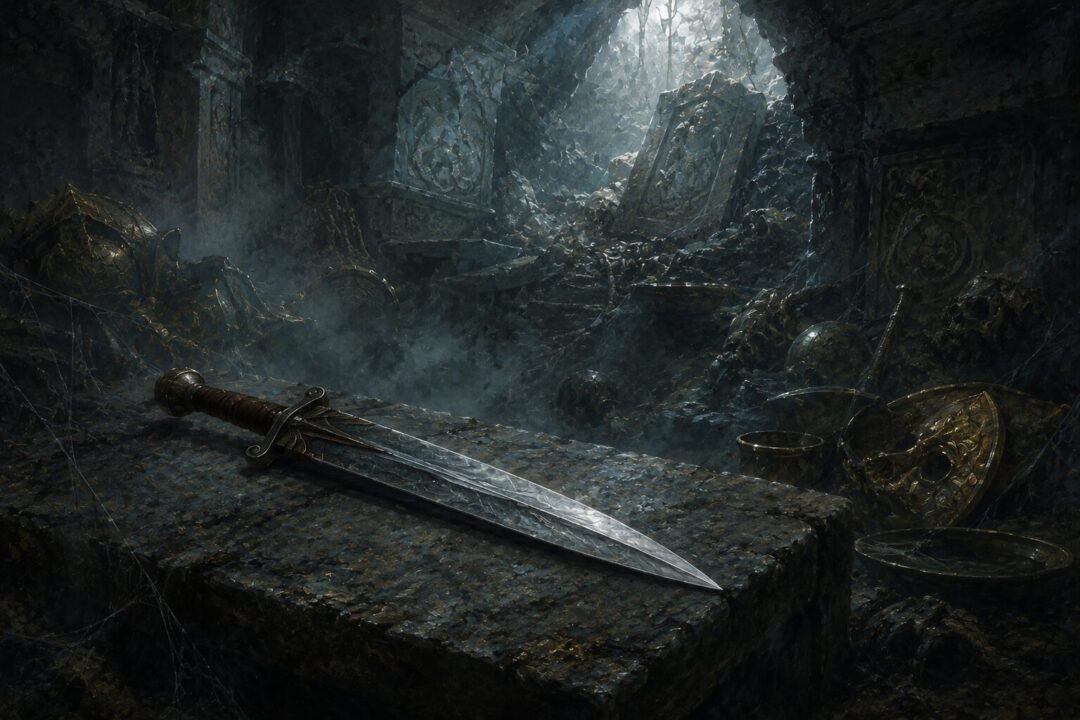 An ancient Barrow-blade rests in a forgotten northern tomb tied to the wars against Angmar.