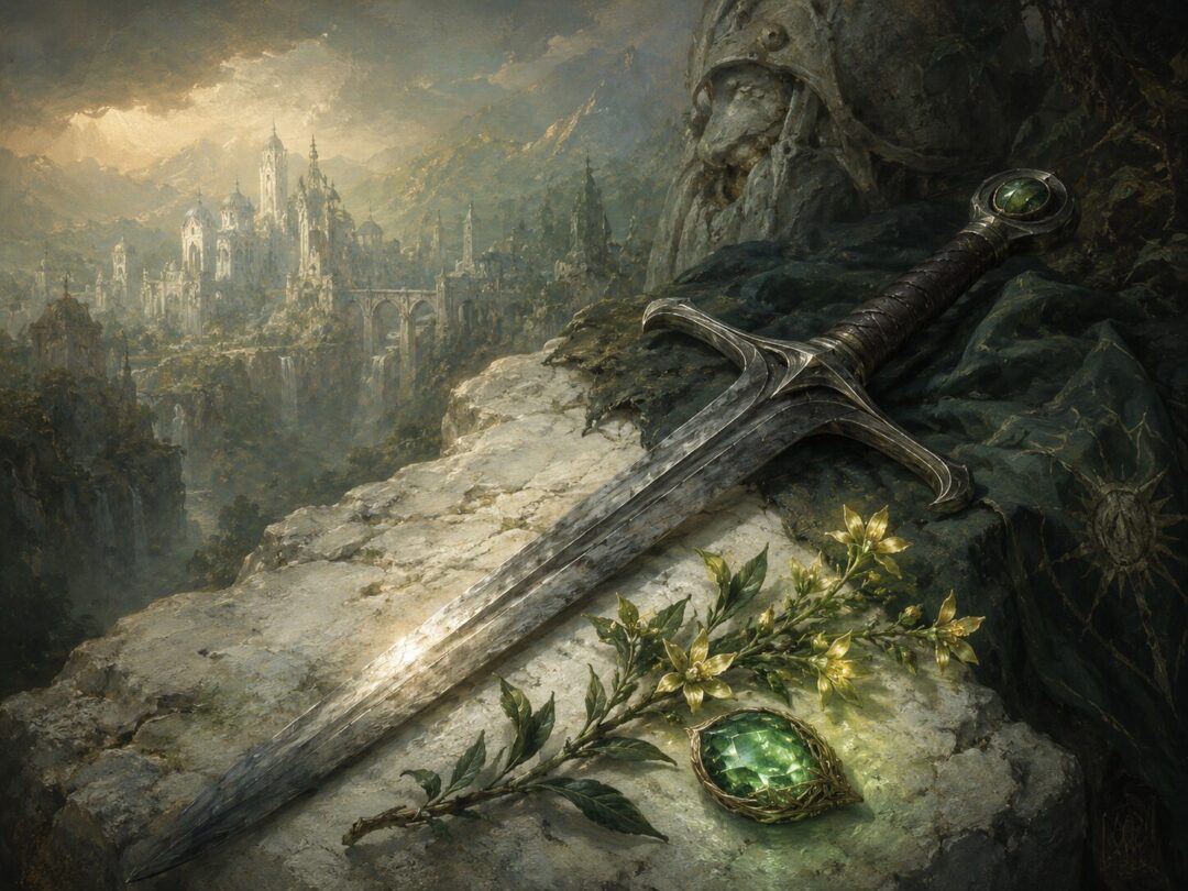 A reforged sword, kingsfoil, and a green jewel rest on white stone as symbols of healing and renewal.