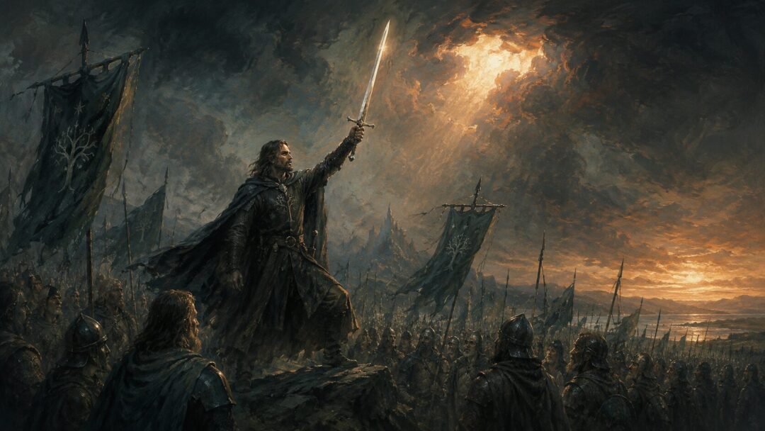 Aragorn raising Andúril before weary soldiers as a sign of renewed hope.