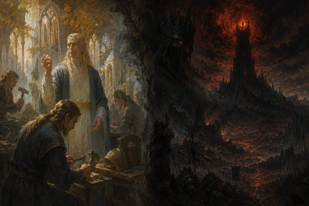 Contrast between Sauron as Annatar among the Elves and his later unseen domination from Mordor