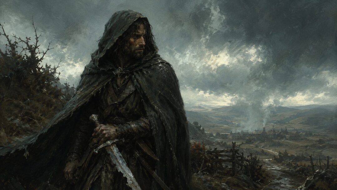 Aragorn as a weather-worn Ranger carrying the broken sword of Elendil in the wild.
