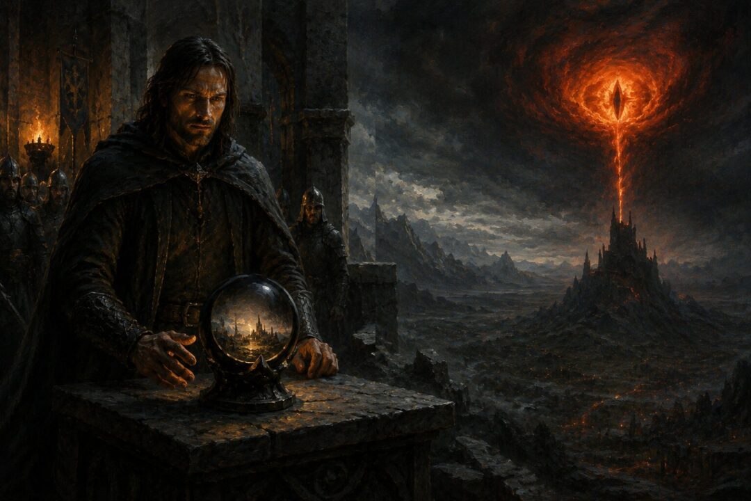 Aragorn revealing himself to Sauron through the palantír