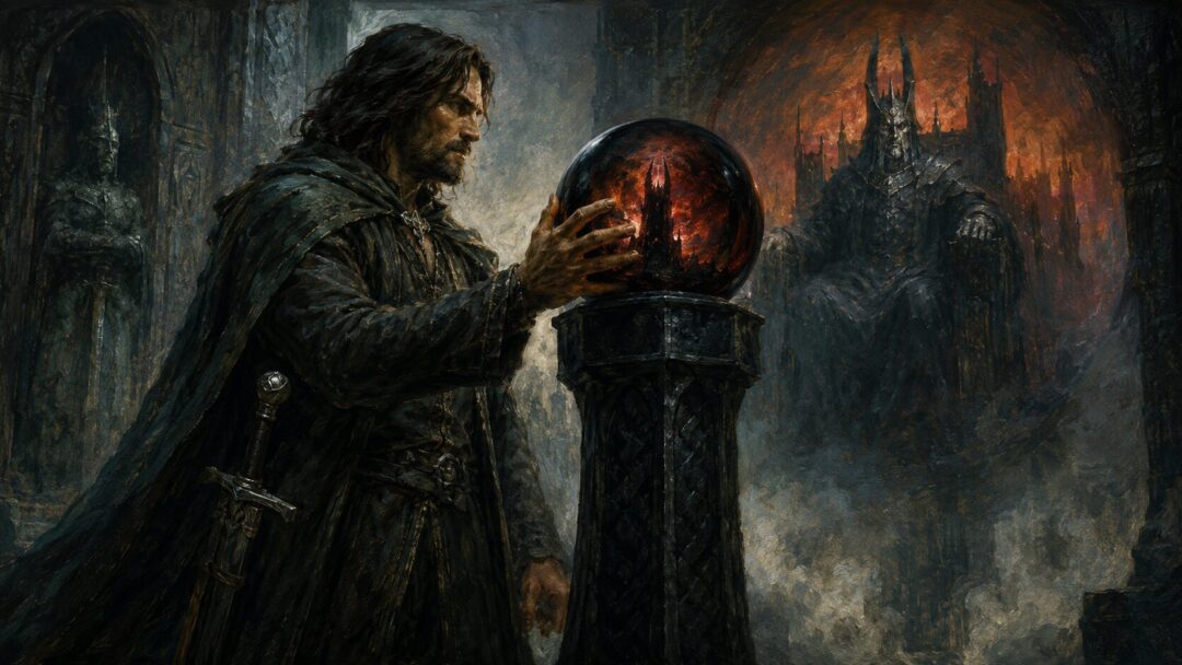 Aragorn stands in a dim chamber and challenges Sauron through the Orthanc-stone.