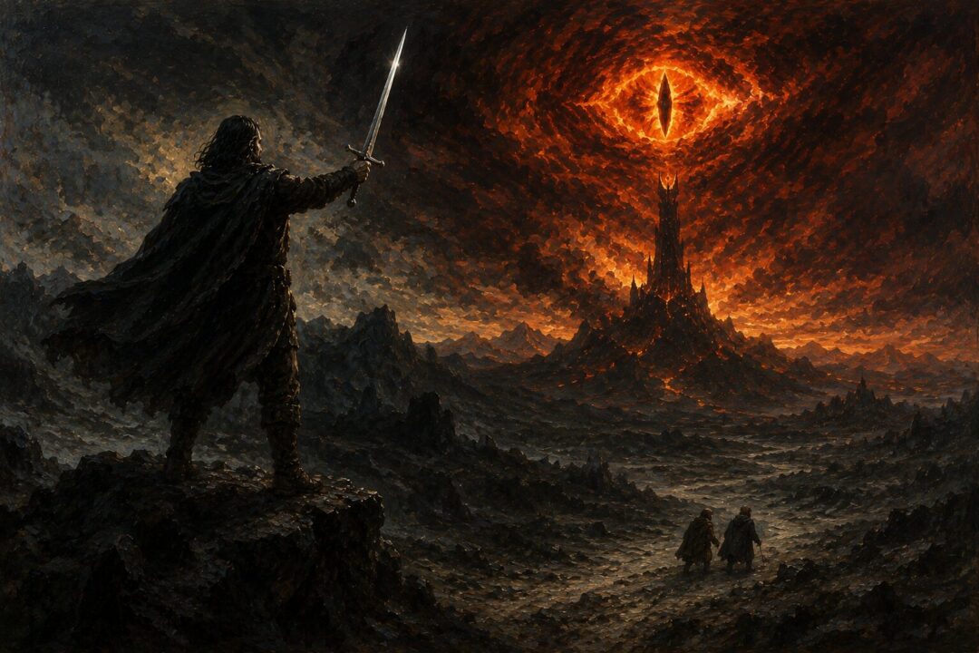 Aragorn’s kingly silhouette draws the Shadow’s attention while two small hobbits pass unseen through Mordor.