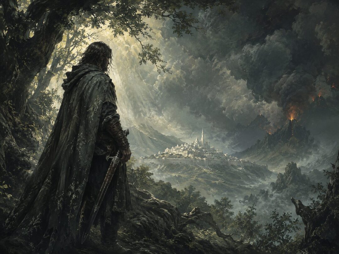 A weathered Ranger stands beneath ancient trees with a sheathed reforged sword, suggesting Aragorn’s hidden kingship and restraint.