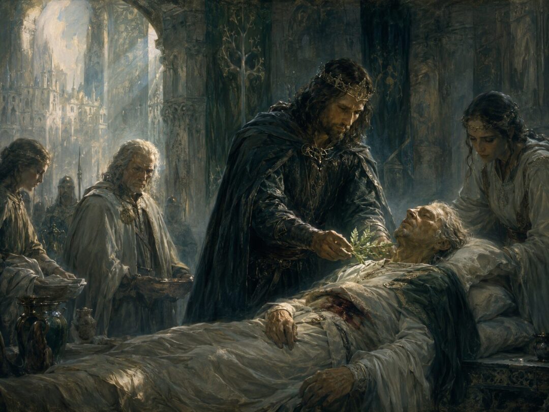Aragorn bends over a wounded Steward in the Houses of Healing with kingsfoil in his hands.