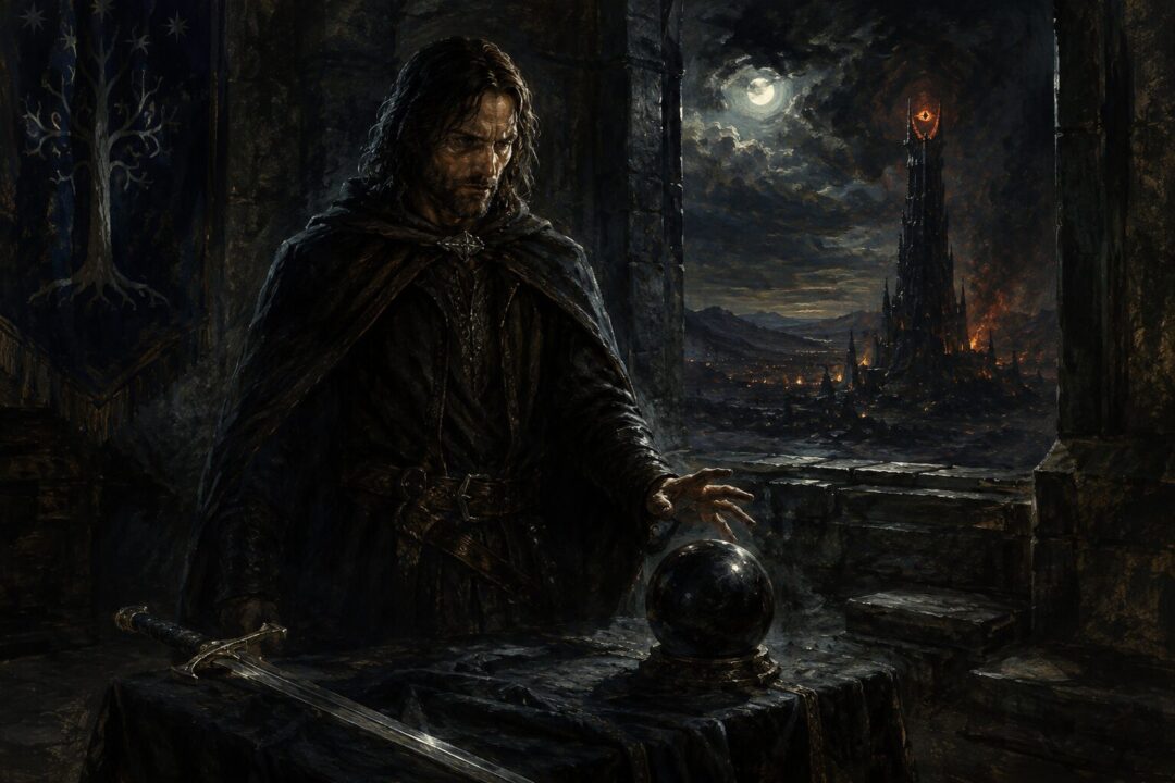 Aragorn stands before the palantír of Orthanc with the reforged sword beside him in a dark stone chamber.