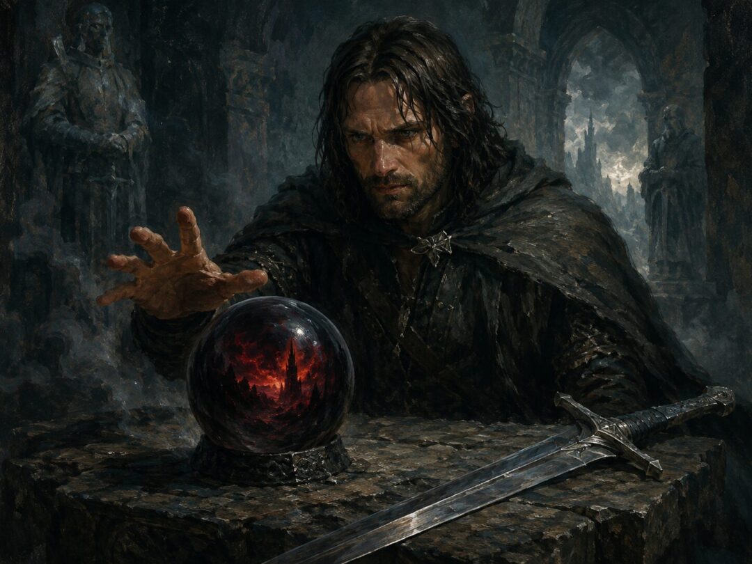Aragorn confronts a dark seeing-stone beside the reforged sword, resisting the shadow through disciplined will.