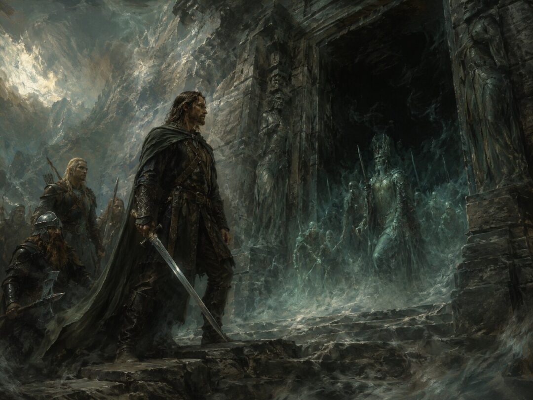 Aragorn stands before the dark entrance to the Paths of the Dead as pale oathbound figures gather beyond.