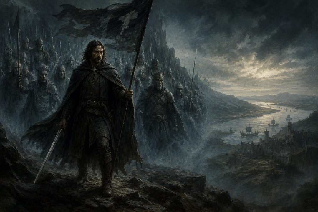 Aragorn emerges from the Paths of the Dead with spectral oath-breakers behind him.