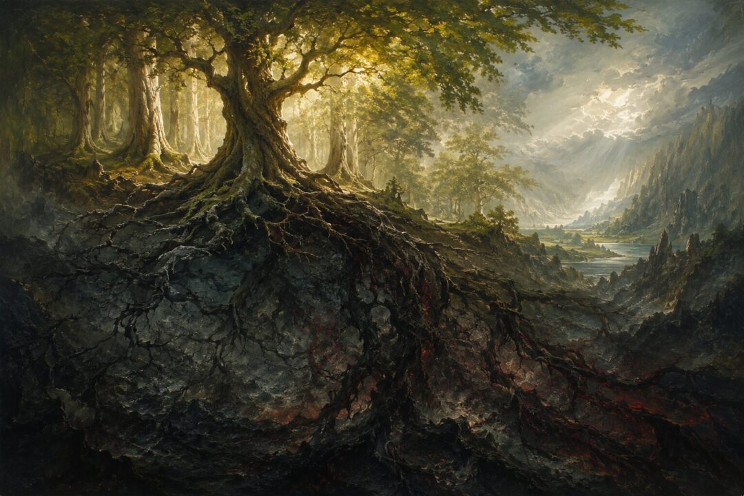 A beautiful ancient forest darkens at its roots as corruption spreads through stone and soil.