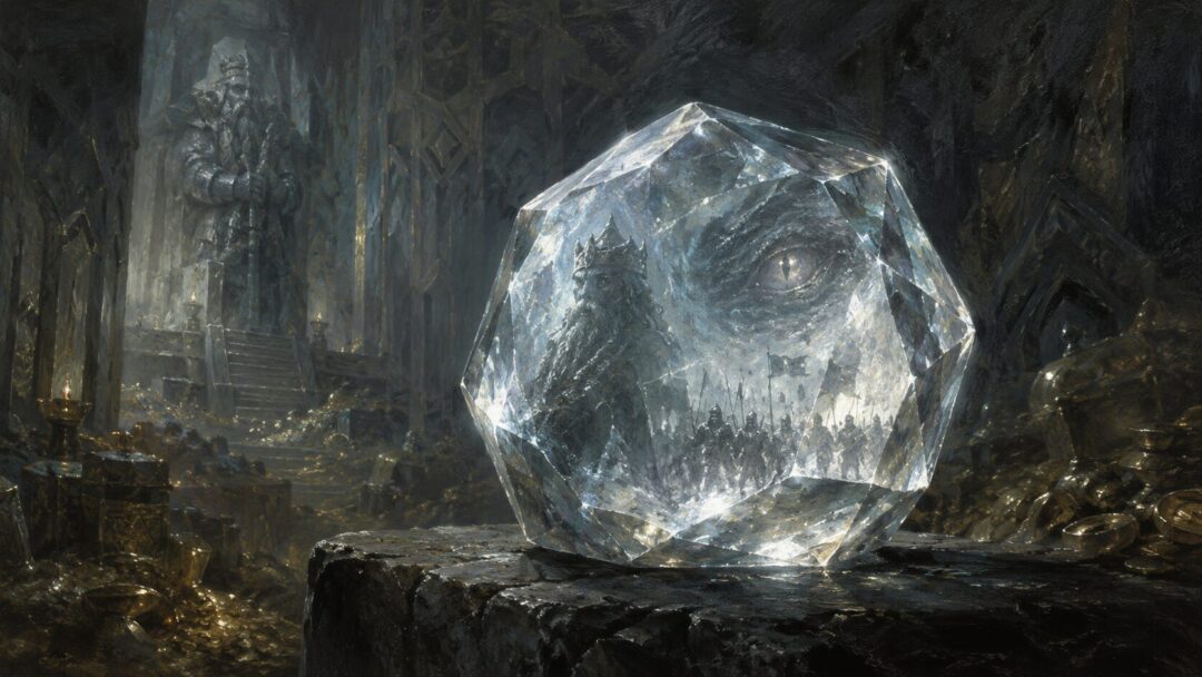 The Arkenstone glows on a stone ledge, symbolizing inheritance, kingship, and dangerous obsession.