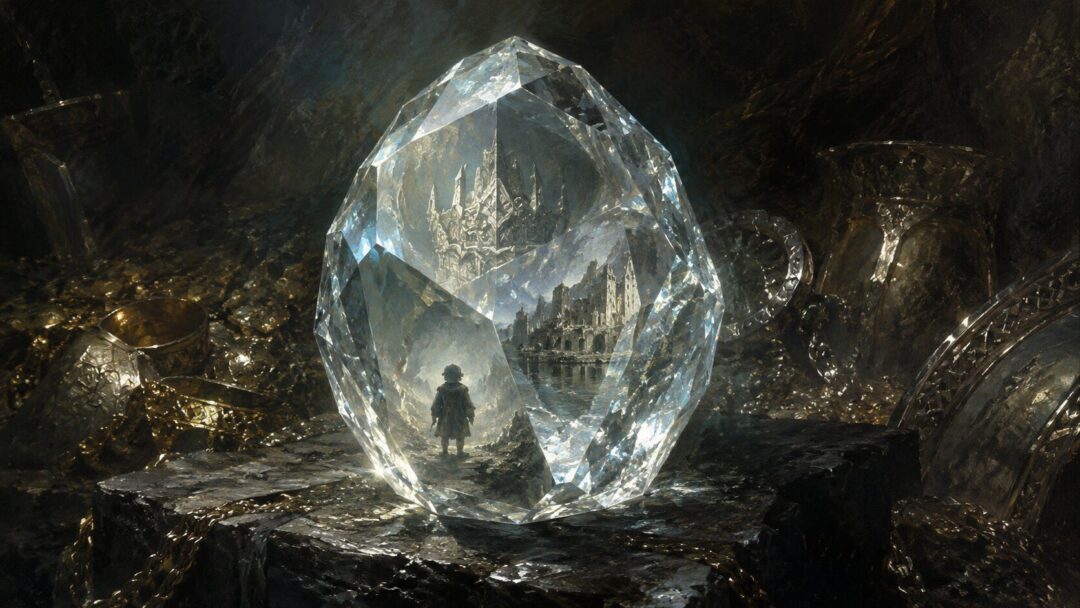 The Arkenstone reflecting a crown, a ruined town, and a hobbit silhouette