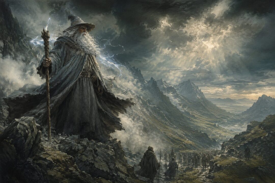 The five Istari arriving at the Grey Havens in humble mortal forms