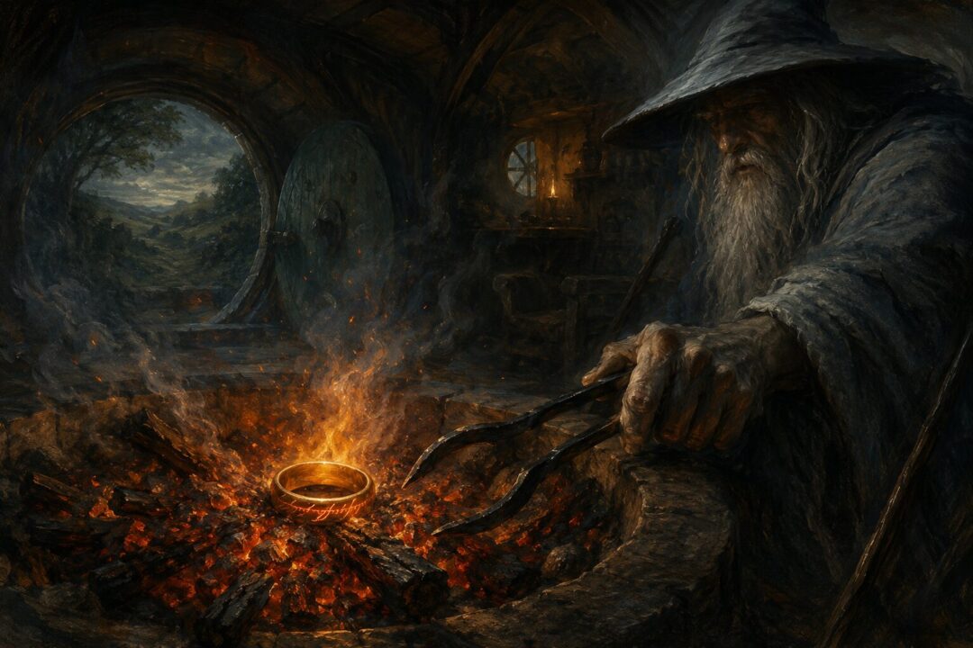 A plain gold ring lying unharmed in a hobbit-hole hearth fire as a wizard tests it with tongs.