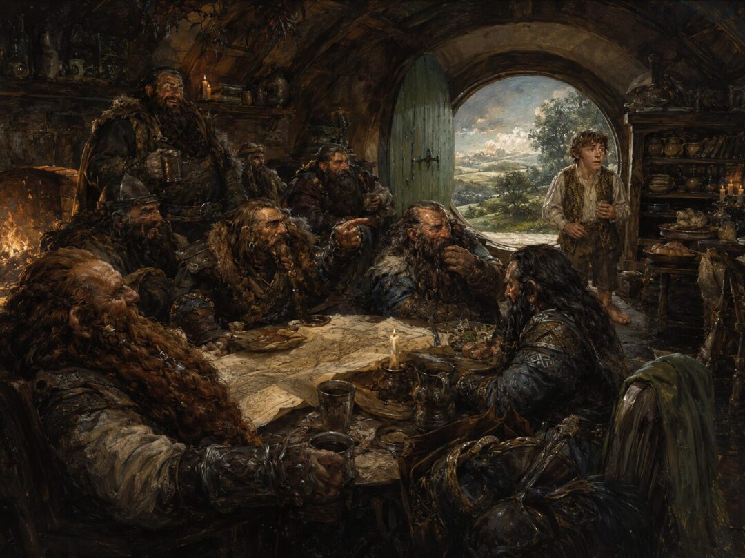 Bilbo Baggins stands inside a crowded Bag End as unexpected dwarven guests interrupt his peaceful hobbit life.