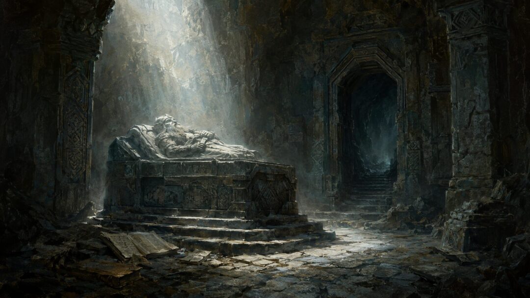 Balin’s tomb in the Chamber of Mazarbul lit by a pale shaft of mountain light amid ruined stone.