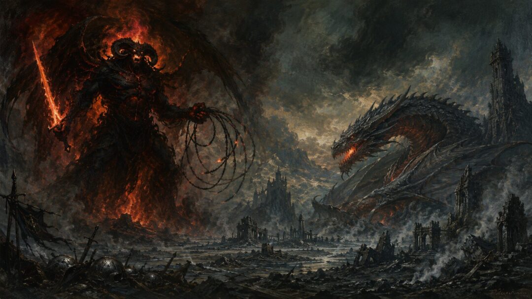 A Balrog of shadow and flame and a great dragon loom across a ruined First Age battlefield.