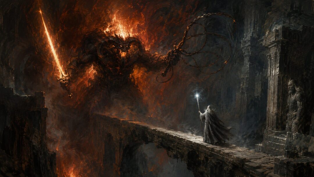 A Balrog with sword and whip confronts a lone wizard-like figure in the deep halls beneath a mountain.